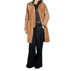 Hooded Shearling Coat Camel